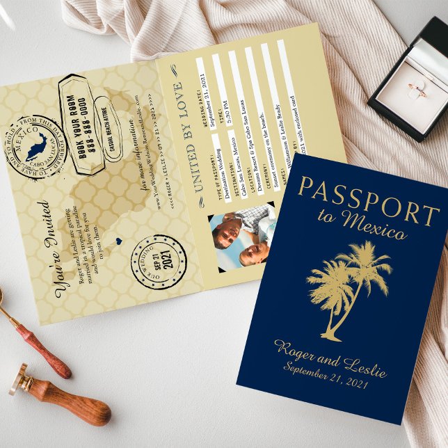 Blue Gold Cabo San Lucas Mexico Wedding Passport Einladung (Von Creator hochgeladen)