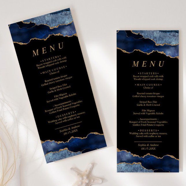 Blue Gold Calligraphy Wedding Menu Menükarte (Von Creator hochgeladen)