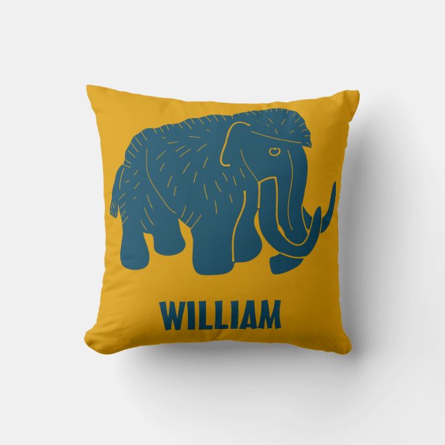 Blue & Gold Cartoon Wooly Mammoth Personalisiert Kissen (Vorderseite)