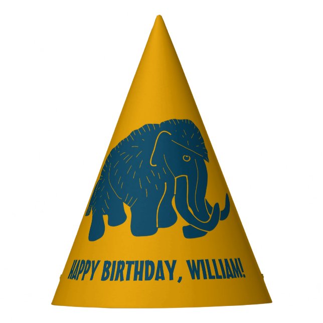 Blue & Gold Cartoon Wooly Mammoth Personalisiert Partyhütchen (Vorderseite)