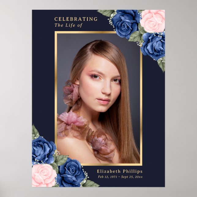 Blue Gold Celebration of Life Foto Beerdigung Sign Poster (Vorne)