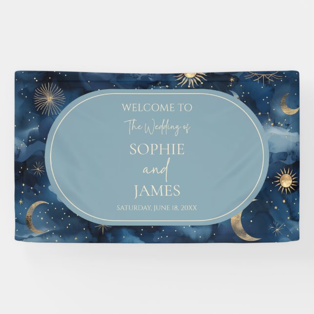 Blue Gold Celestial Elegant Starry Sky Wedding Banner (Horizontal)