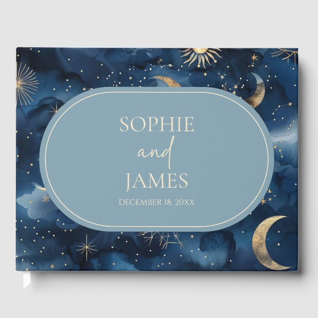 Blue Gold Celestial Elegant Starry Sky Wedding Gästebuch (Vorderseite)