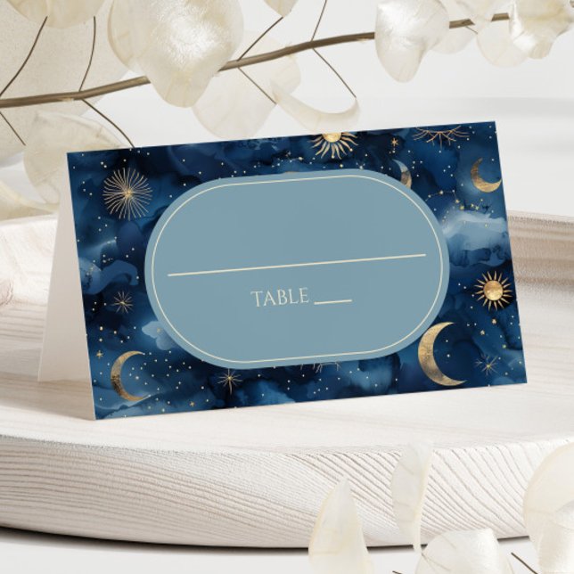Blue Gold Celestial Elegant Starry Sky Wedding Platzkarte (Von Creator hochgeladen)
