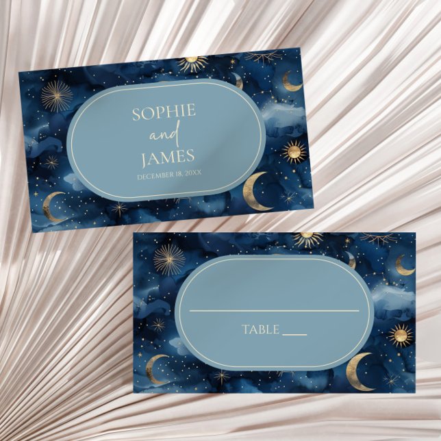 Blue Gold Celestial Elegant Starry Sky Wedding Platzkarte (Von Creator hochgeladen)