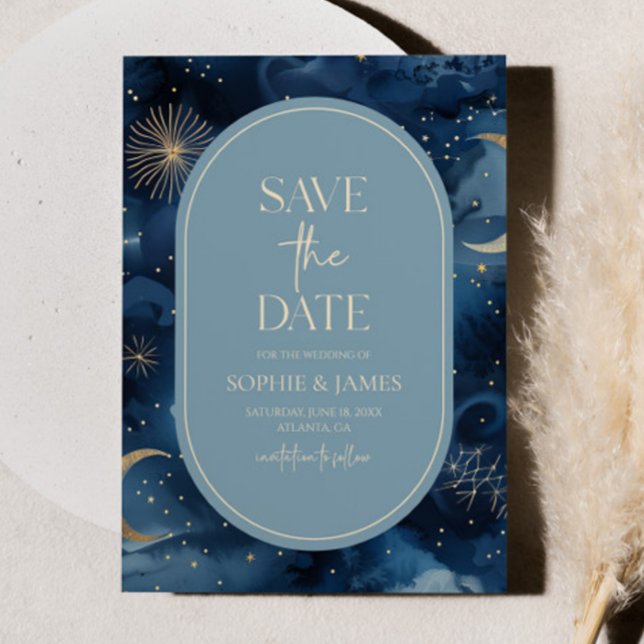 Blue Gold Celestial Elegant Starry Sky Wedding Save The Date (Von Creator hochgeladen)