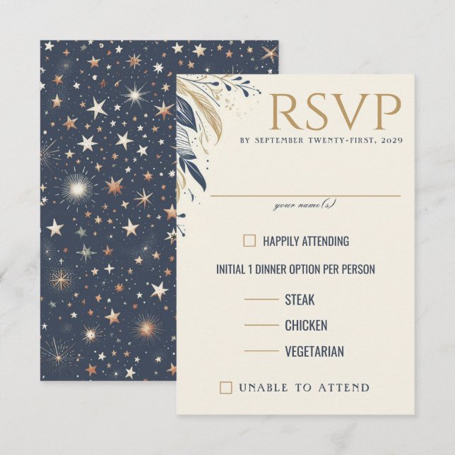 Blue & Gold Celestial Food Choices RSVP Karte (Vorne/Hinten)
