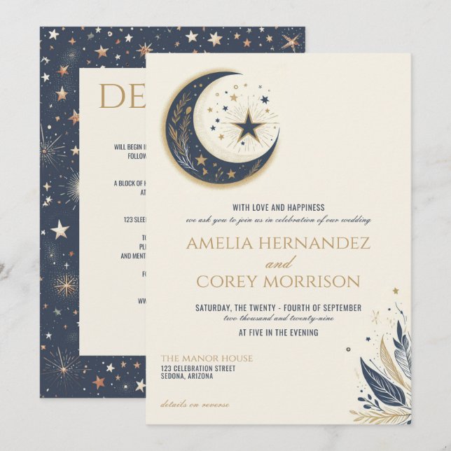 Blue & Gold Celestial mit Details Hochzeit Einladung (Vorne/Hinten)