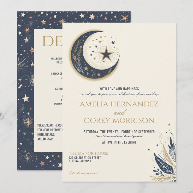 Blue & Gold Celestial mit QR Code Wedding Einladung (Vorne/Hinten)
