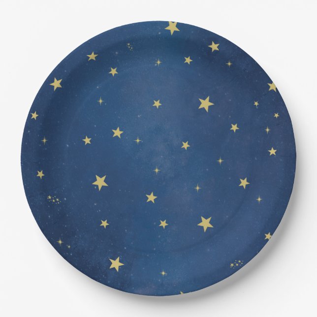 Blue Gold Celestial Moon & Stars Party Pappteller (Vorderseite)