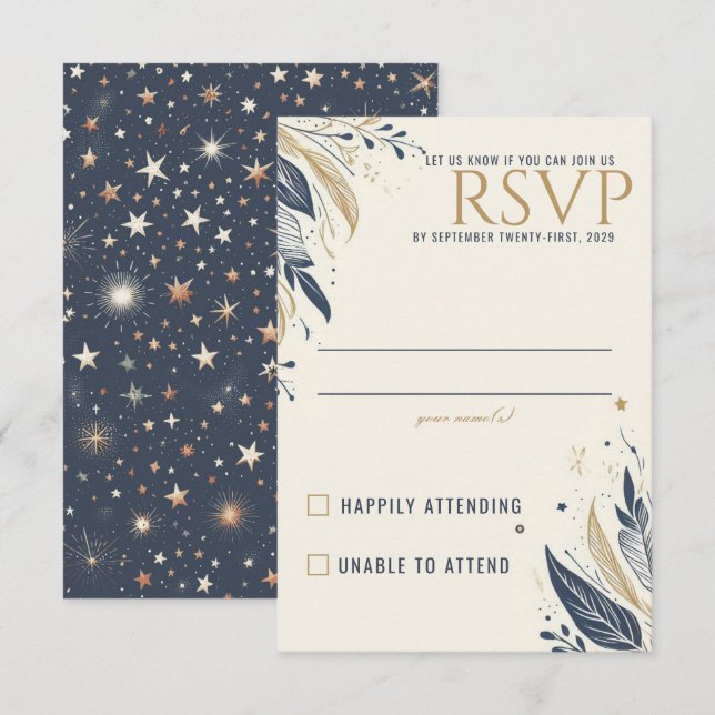 Blue & Gold Celestial Wedding RSVP Karte (Vorne/Hinten)