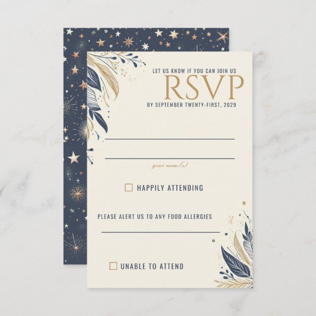 Blue & Gold Celestial Wedding RSVP Karte (Vorne/Hinten)