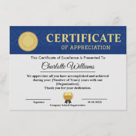 Blue Gold Certificate of Appreciation Template Begleitkarte