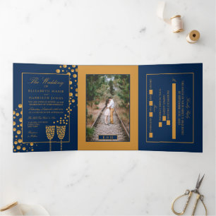 Blue & Gold Champagne Bubbles, Wedding Suite Dreifach Gefaltete Einladung