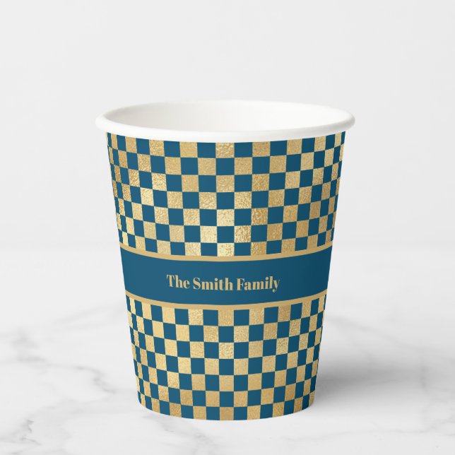 Blue Gold Checked Paper Cup Pappbecher (Vorderseite)