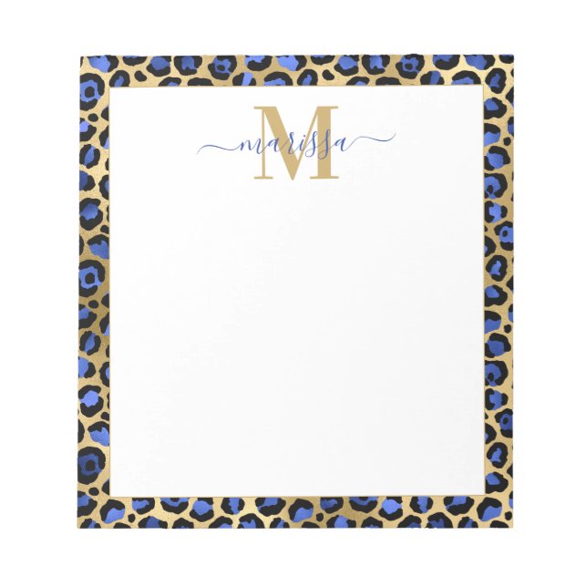 Blue Gold Cheetah Print Initial mit Name Monogram Notizblock (Vorderseite)