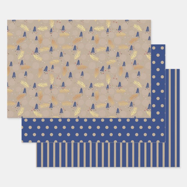 Blue Gold Christmas Trees Polka Dots Stripe Geschenkpapier Set (Set)