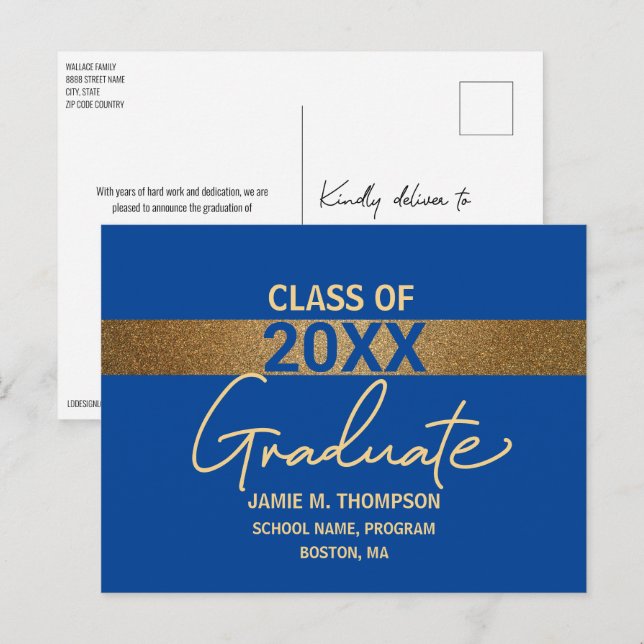 Blue Gold Class of 2024 Abschluss Ankündigung Postkarte (Vorne/Hinten)