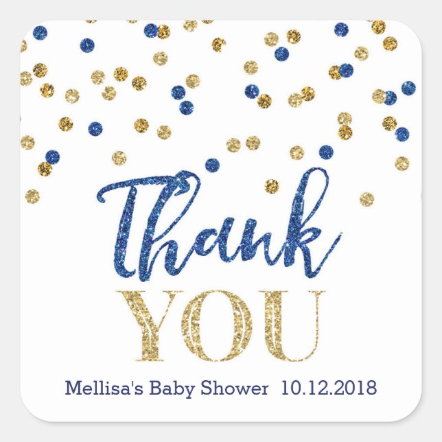 Blue Gold Confetti Baby Dusche Danke Sticker (Vorderseite)