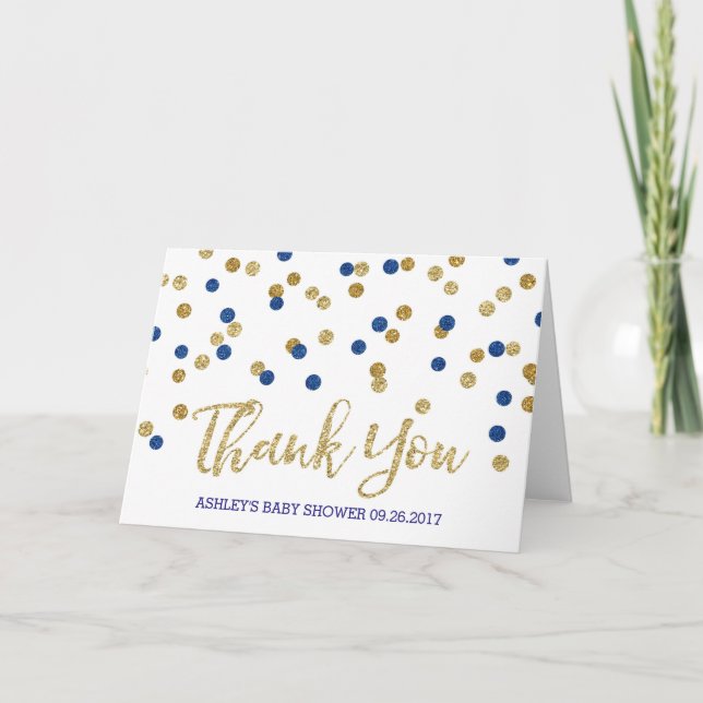 Blue Gold Confetti Baby Dusche Vielen Dank Dankeskarte (Vorderseite)