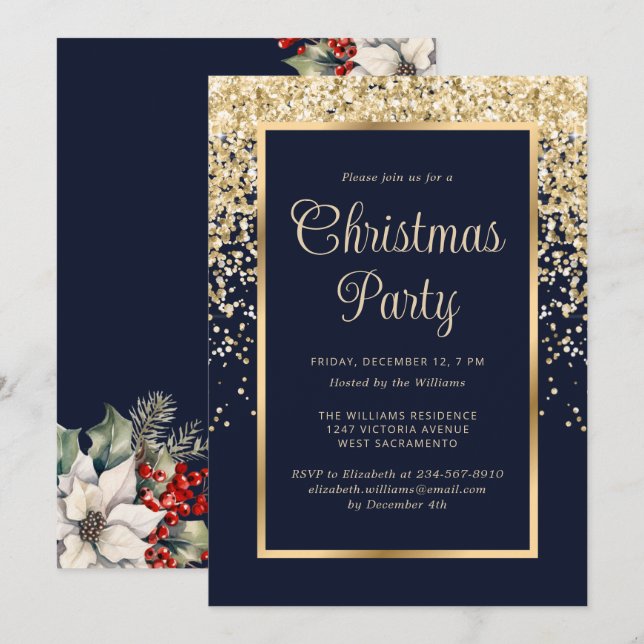 Blue Gold Confetti Botanical Christmas Party Einladung (Vorne/Hinten)