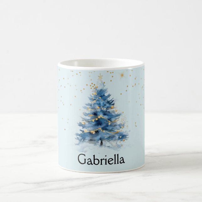 Blue Gold Confetti Dots Weihnachtsbaum Name Kaffeetasse (Mittel)