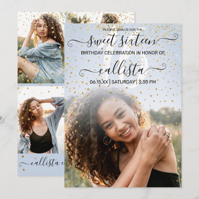 Blue Gold Confetti Foto Collage Sweet 16 Einladung (Vorne/Hinten)