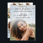 Blue Gold Confetti Foto Collage Sweet 16 Einladung<br><div class="desc">Diese hübsche und gürmische 16 . Geburtstag Geburtstagsparty Foto Collage Einladung ist perfekt für das trendige und stilvolle Mädchen. Es zeigt Imitate gedruckt funkelnd Glitzer fallend Konfetti auf einem pastellblauen und große Funktion Foto ombre Farbverlauf mit eleganten schwarz handgeschriebenen kursiven Skript Typografie. Auf der Rückseite sind die Imitate goldene Konfetti...</div>