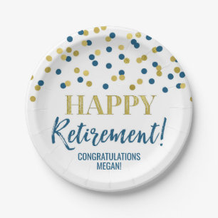 Blue Gold Confetti Happy Retirement Pappteller