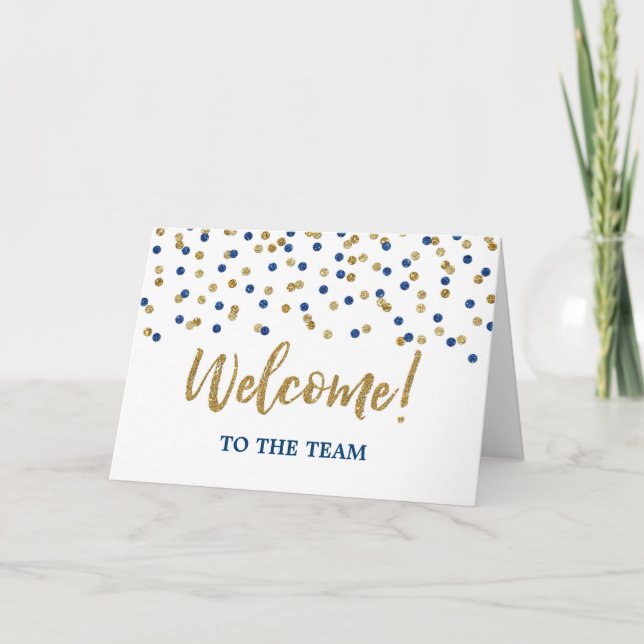 Blue Gold Confetti Mitarbeiter Willkommen im Team Karte (Vorderseite)