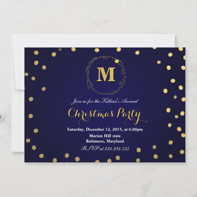 Blue Gold Confetti Monogramm Weihnachtsfest Party Einladung (Vorderseite)
