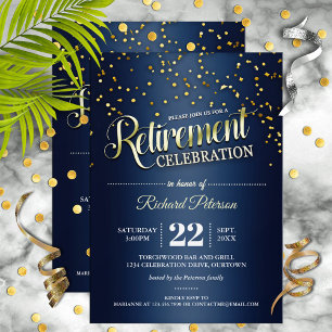 Blue Gold Confetti Retraite Party Invitations