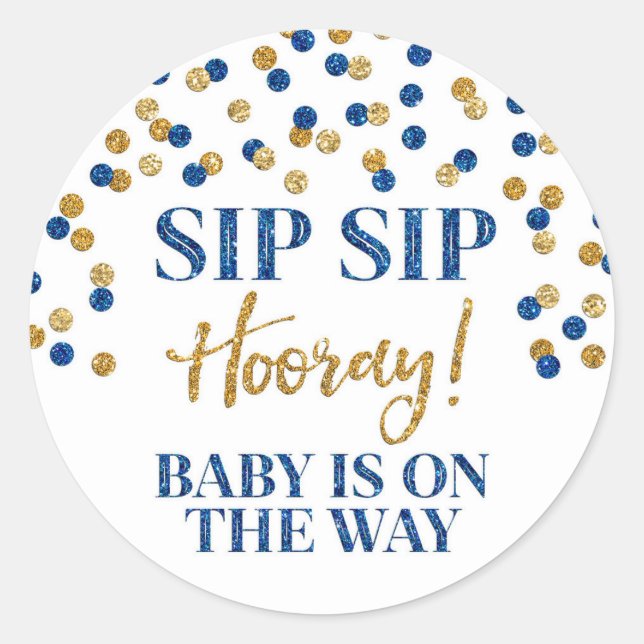 Blue Gold Confetti Sip Hooray Runder Aufkleber (Vorderseite)