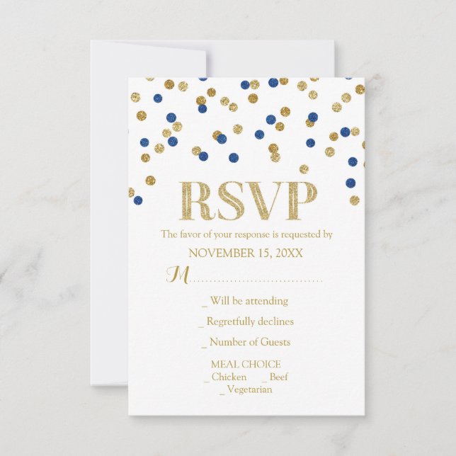 Blue Gold Confetti Wedding RSVP Cards (Vorderseite)