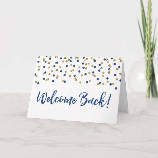 Blue Gold Confetti Welcome Back Card Karte (Vorderseite)