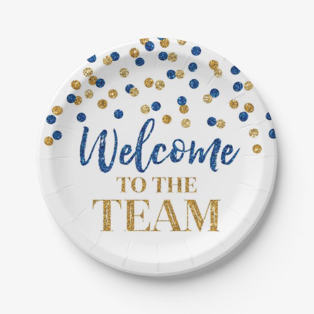 Blue Gold Confetti Willkommen im Team  Pappteller (Vorderseite)