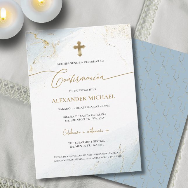 Blue Gold Cross Boy Confirmation Confirmacion  Einladung (Von Creator hochgeladen)
