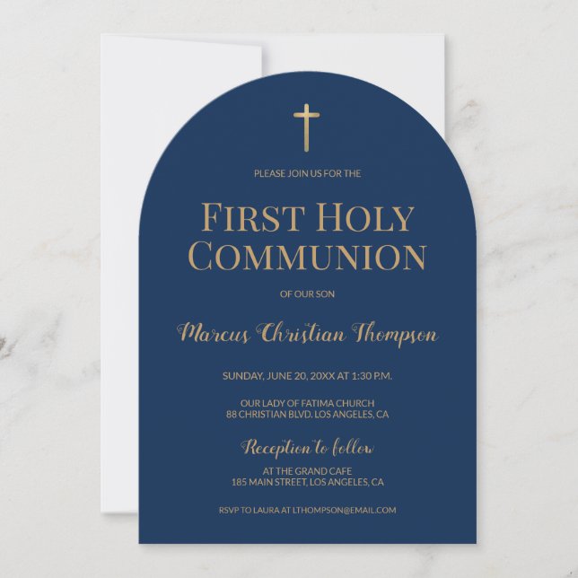 Blue Gold Cross Boy Der erste heilige Kommunion Ar Einladung (Vorderseite)