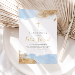 Blue Gold Cross Boys Taufe Christening Einladung