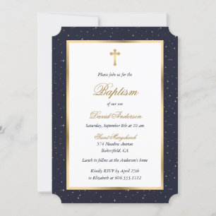 Blue Gold Cross Stars Elegante Script Taufe Einladung