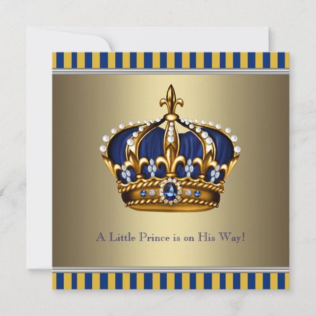 Blue Gold Crown Little Prince Baby Dusche Einladung (Vorderseite)