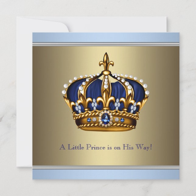 Blue Gold Crown Prince Baby Boy Dusche Einladung (Vorderseite)