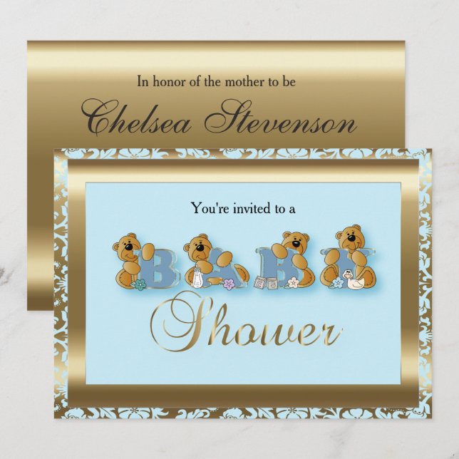 Blue & Gold Damask mit Teddy Bear | Babydusche Einladung (Vorne/Hinten)