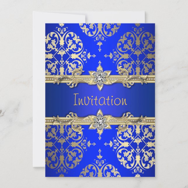 Blue Gold Damask Royal Blue Party Ankündigung (Vorderseite)