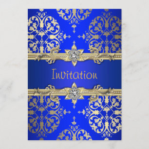 Blue Gold Damask Royal Blue Party Ankündigung