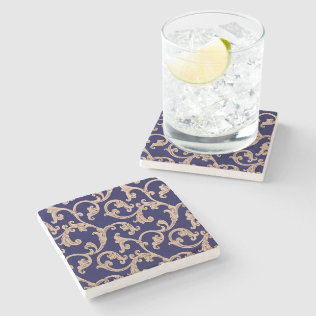 Blue Gold Damask Stone Untersetzer (Seitenansicht)