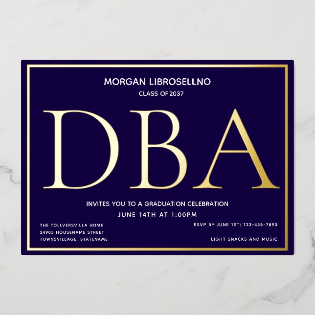 Blue Gold DBA-Abschluss Folieneinladung (Vorderseite)