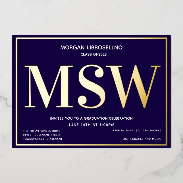 Blue Gold Degree MSW Abschluss Folieneinladung (Vorderseite)