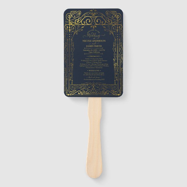 Blue Gold Deko Chic Glam Wedding Program Hand Fan Fächer (Vorderseite)