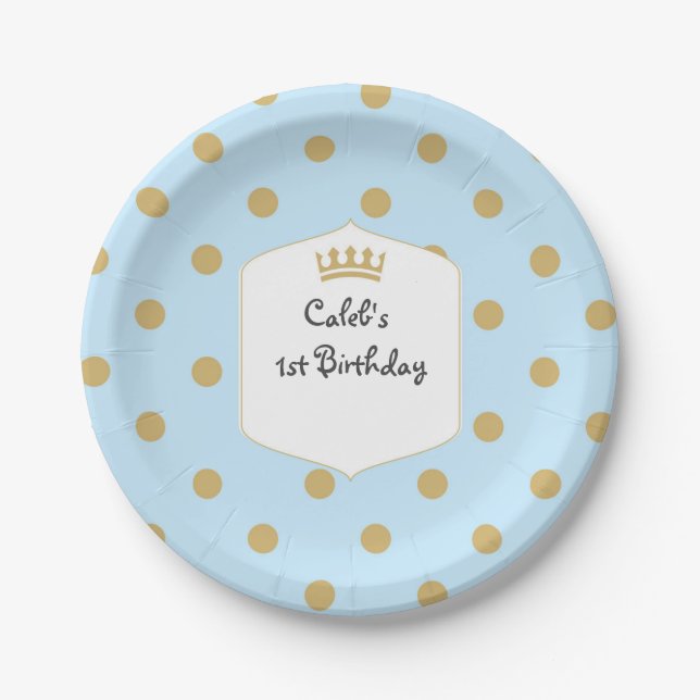 Blue & Gold Dots Royal Crown Prince Party Teller (Vorderseite)